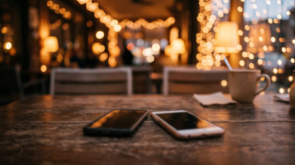 Two phones on a warm-lit café table suggesting a romantic talking stage
