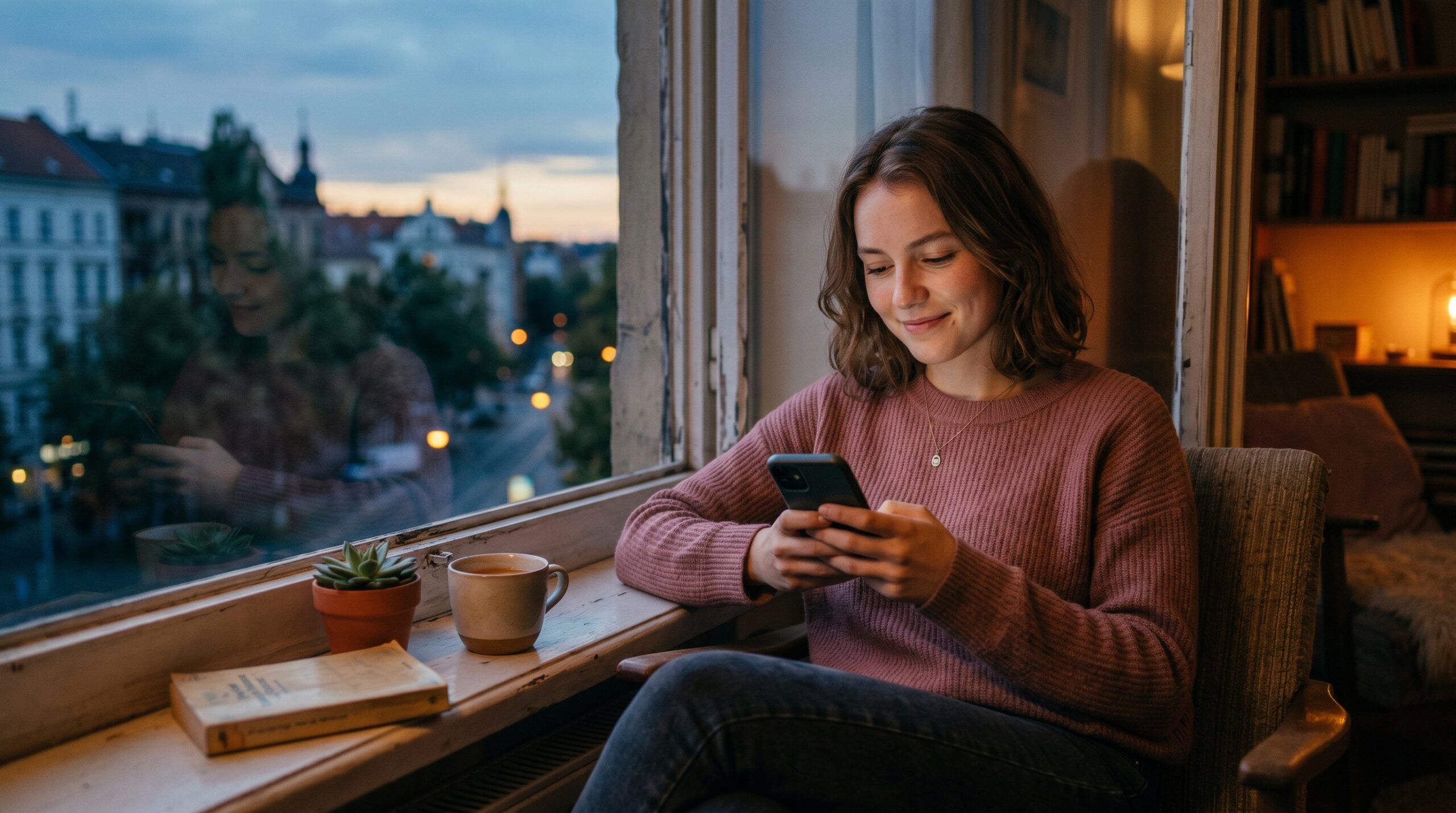 Woman wondering why the talking stage feels more intense sitting by window at dusk